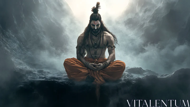 Ascetic warrior in meditative pose amid ethereal mountain mist