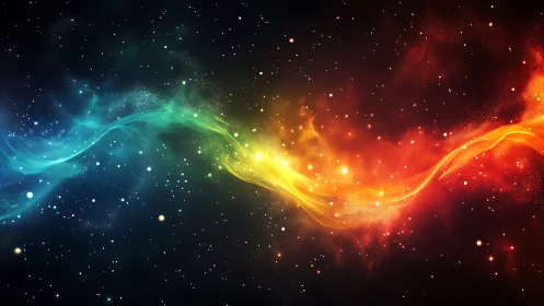 Starlit rainbow currents weaving fire and aurora across space.