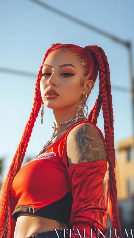 Street portrait highlights bold red braids and tattoos.