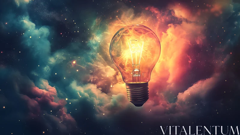 Glowing light bulb swirls within colorful cosmic nebula