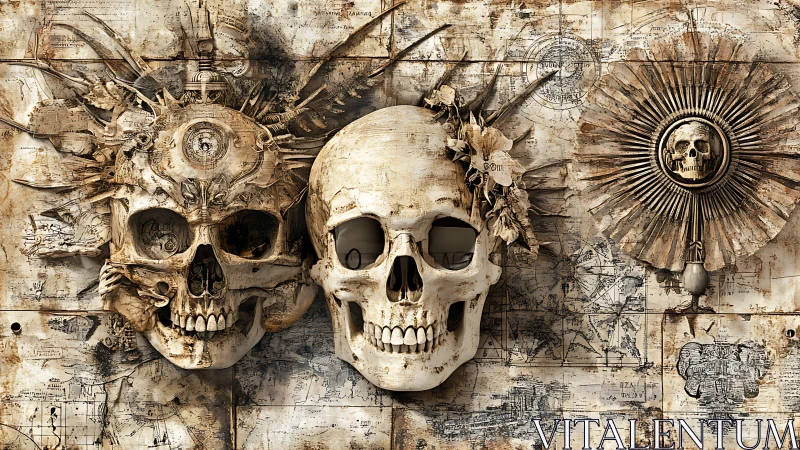 Skulls with mechanical ornaments overlay detailed vintage maps