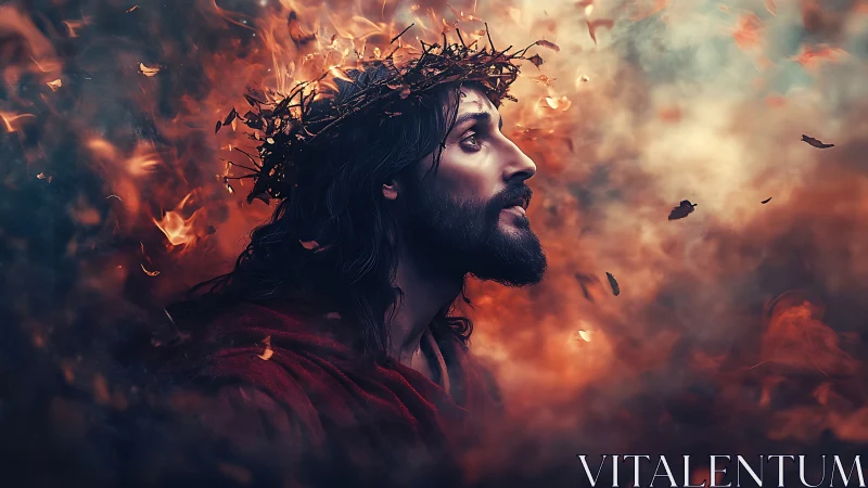 Profile of robed figure with thorn crown in fiery atmosphere