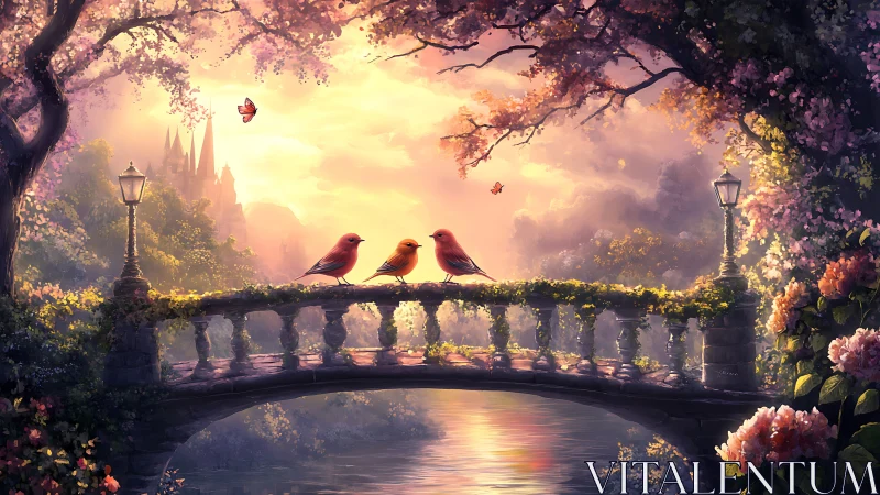 Sunlit songbirds resting on a storybook garden bridge.
