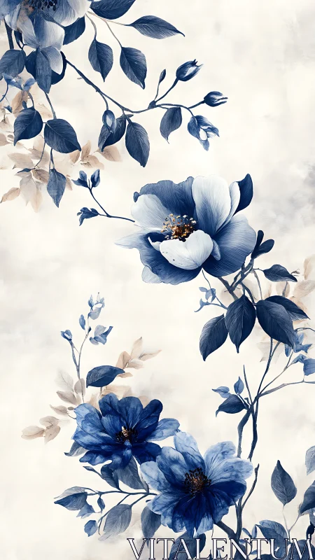 Delicate blue blooms dance gracefully across soft ivory canvas