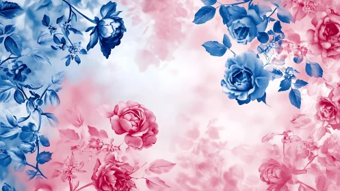 Blue and Pink Roses Frame Soft Gradient Background