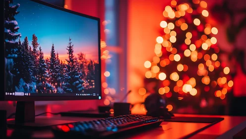 Winter pixels toast marshmallows beside glowing bokeh lights