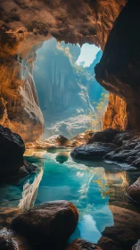 Luminescent karst cave pool with volumetric light scattering