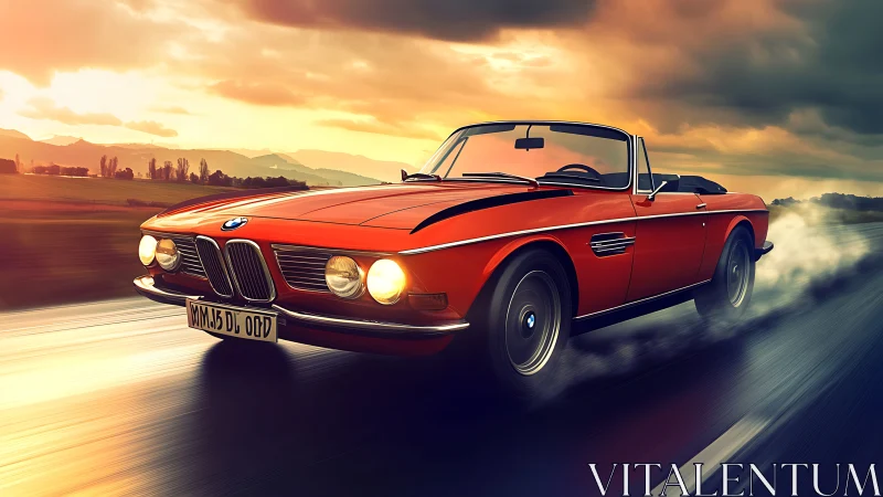 Vintage red BMW cabriolet racing through sunset highway.