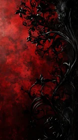 Black ornamental vines curl over deep textured red field