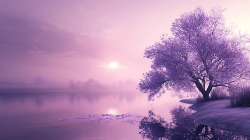Lavender dawn hush over reflective lake and dreaming tree.