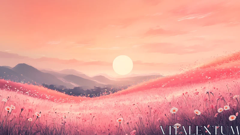 Gentle sunset over rosy wildflower hills of quiet wonder.