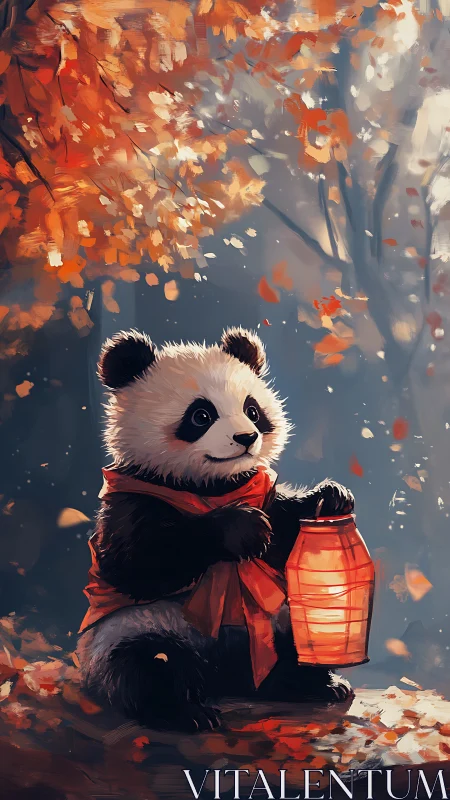 Baby panda in autumn forest holding glowing red lantern.