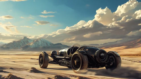 Retro-futuristic land speed racer crossing desert salt flats