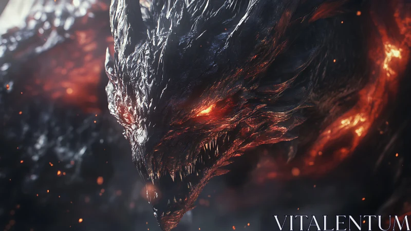 Molten-eyed dragon lunges forward through cinders and shadow