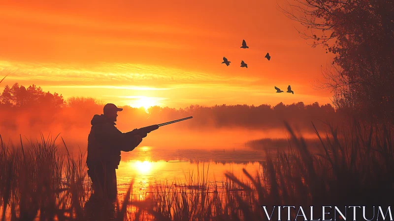 Silhouetted hunter at misty lakeside sunrise panorama.