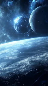 Peaceful blue planets drifting above a glowing cloud world.