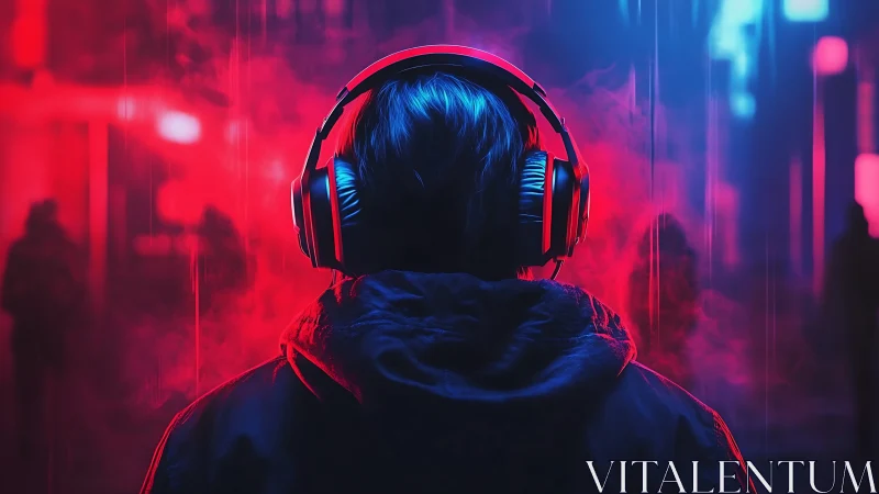 Cyberpunk listener stands in neon mist, lost in sound.
