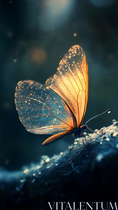 Translucent butterfly on wet surface under low light conditions.