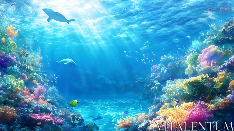 Sunlit coral reef teems with playful dolphins and bright fish