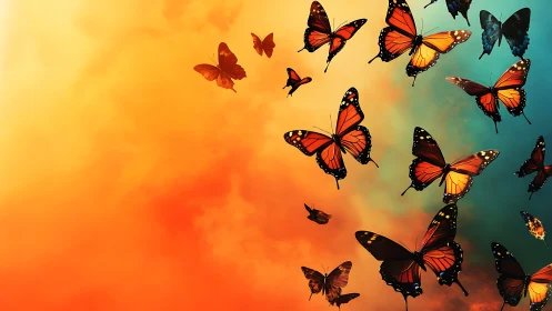 Monarch butterflies drift across blazing orange sky gradient.