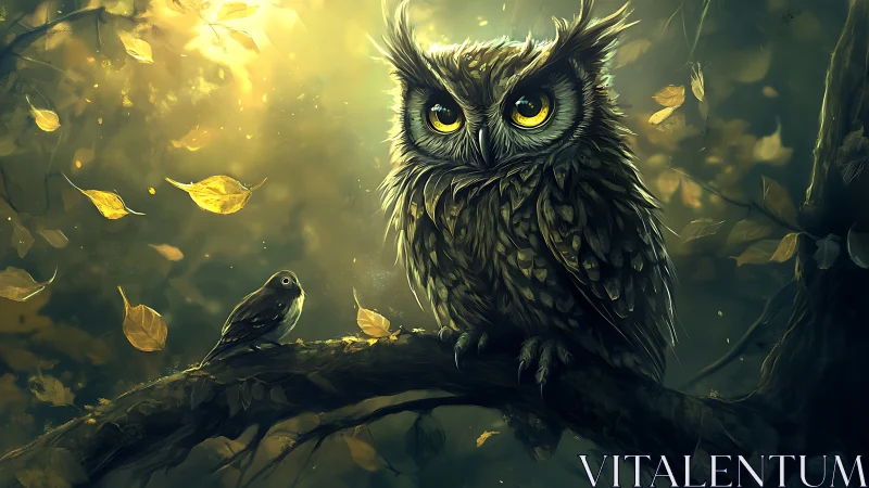 Majestic owl and small bird on branch in magical autumn forest painting.