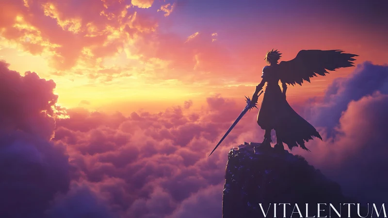 Winged swordsman overlooks blazing sunset cloud kingdom.