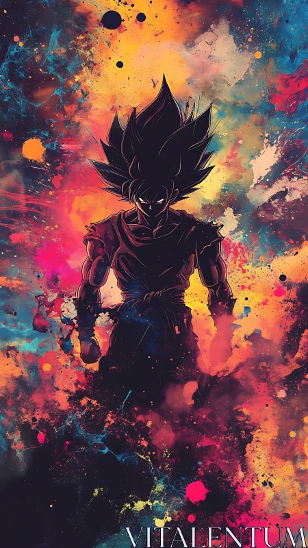 Silhouetted anime warrior stands in explosive cosmic colors.