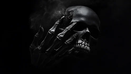 Shadowed skull and skeletal hand in haunting dark embrace.
