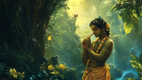 Divine flute player stands in luminous jungle clearing
