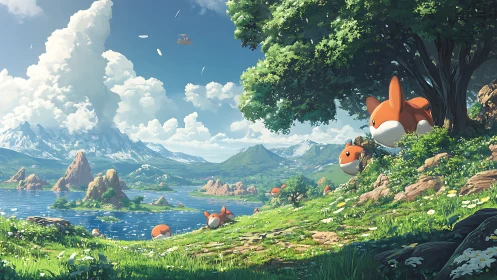 Cartoon fox-like creatures in expansive mountain lakeside landscape.