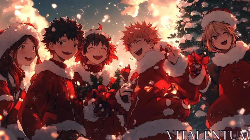 Anime friends celebrate snowy Christmas in warm light.