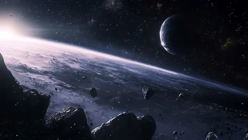 Silent violet horizon over a restless ring of asteroids.