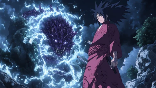 Robe-clad anime fighter with spectral beast in rocky night scene.