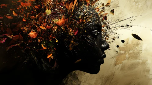 Dreaming soul wrapped in autumn leaves and glowing light.