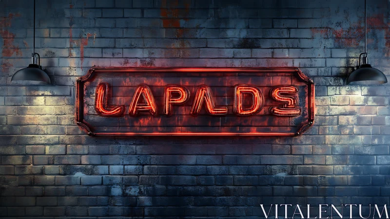 Red neon LAPLDS sign on dark brick wall under lamps.