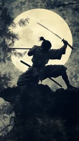 Samurai silhouette poised with katana before full moon.