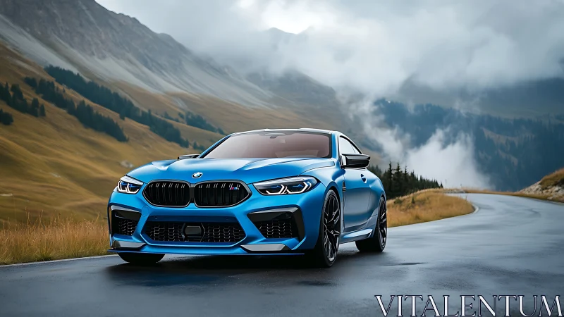 Metallic blue sports coupe on misty alpine mountain road.