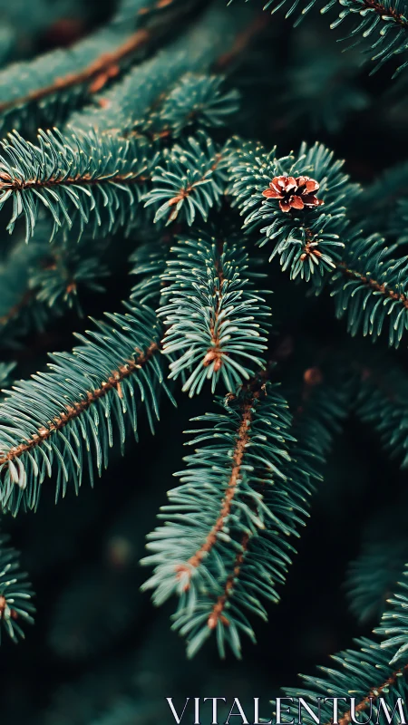 Fir needles frame single cone with deep teal contrast.