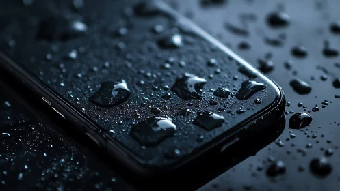 Sleek smartphone in dramatic low-key water droplet closeup.