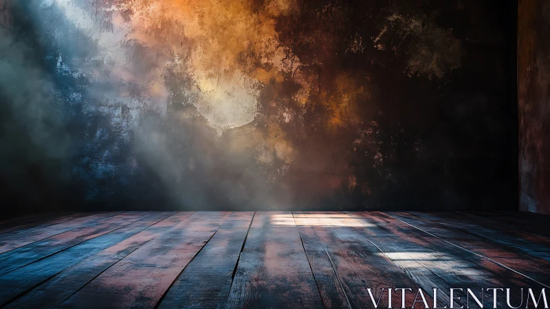 Textured studio wall with wooden floor and directional light