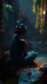 Serene temple devotee resting in soft golden lamplight.