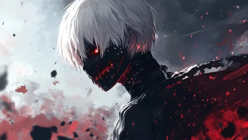 White-haired masked figure stands in profile amid debris