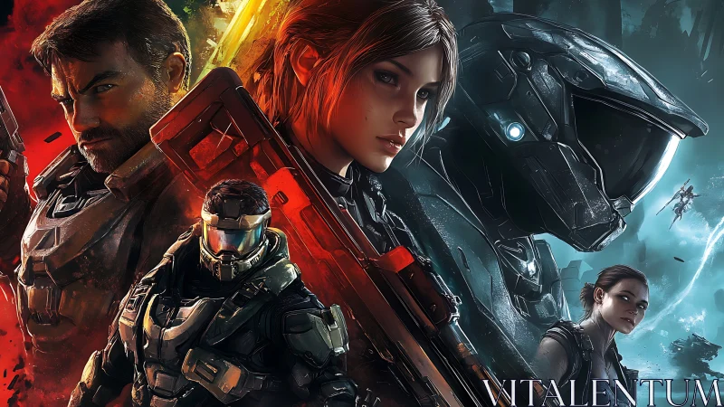 Futuristic armed characters in split warm and cool tones.