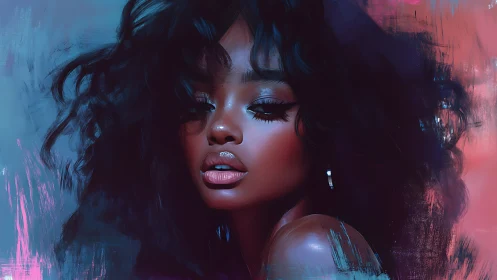 Velvety portrait in neon dusk hues with expressive gaze.