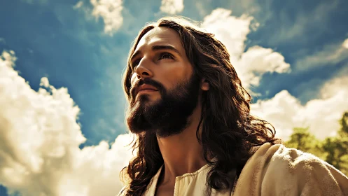Bearded robed man gazes upward under dramatic clouded sky