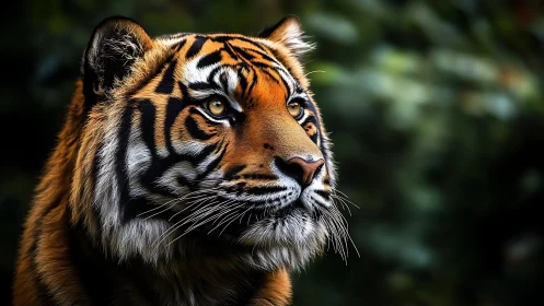 Tiger portrait with sharp striped fur and focused gaze.