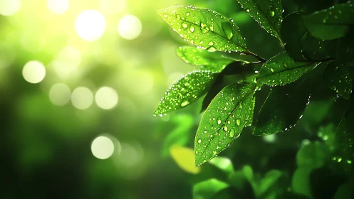 Sunlit green leaves with water droplets in soft focus