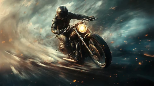 Motorcyclist races through a storm of sparks and motion blur