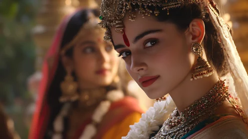 Regal Indian bride gazes back in jeweled temple light.
