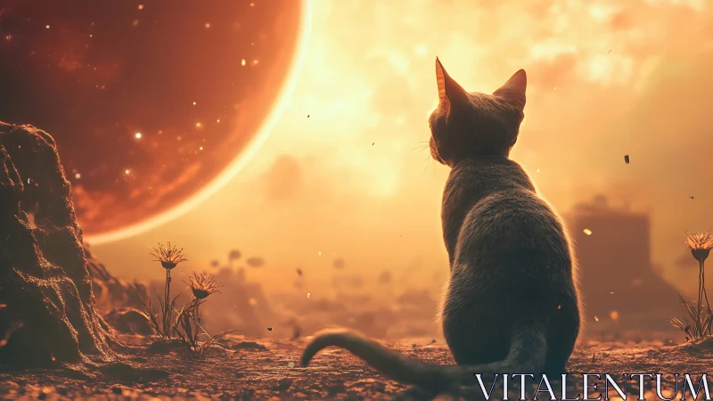 Feline silhouette observing stellar horizon under molten sky.